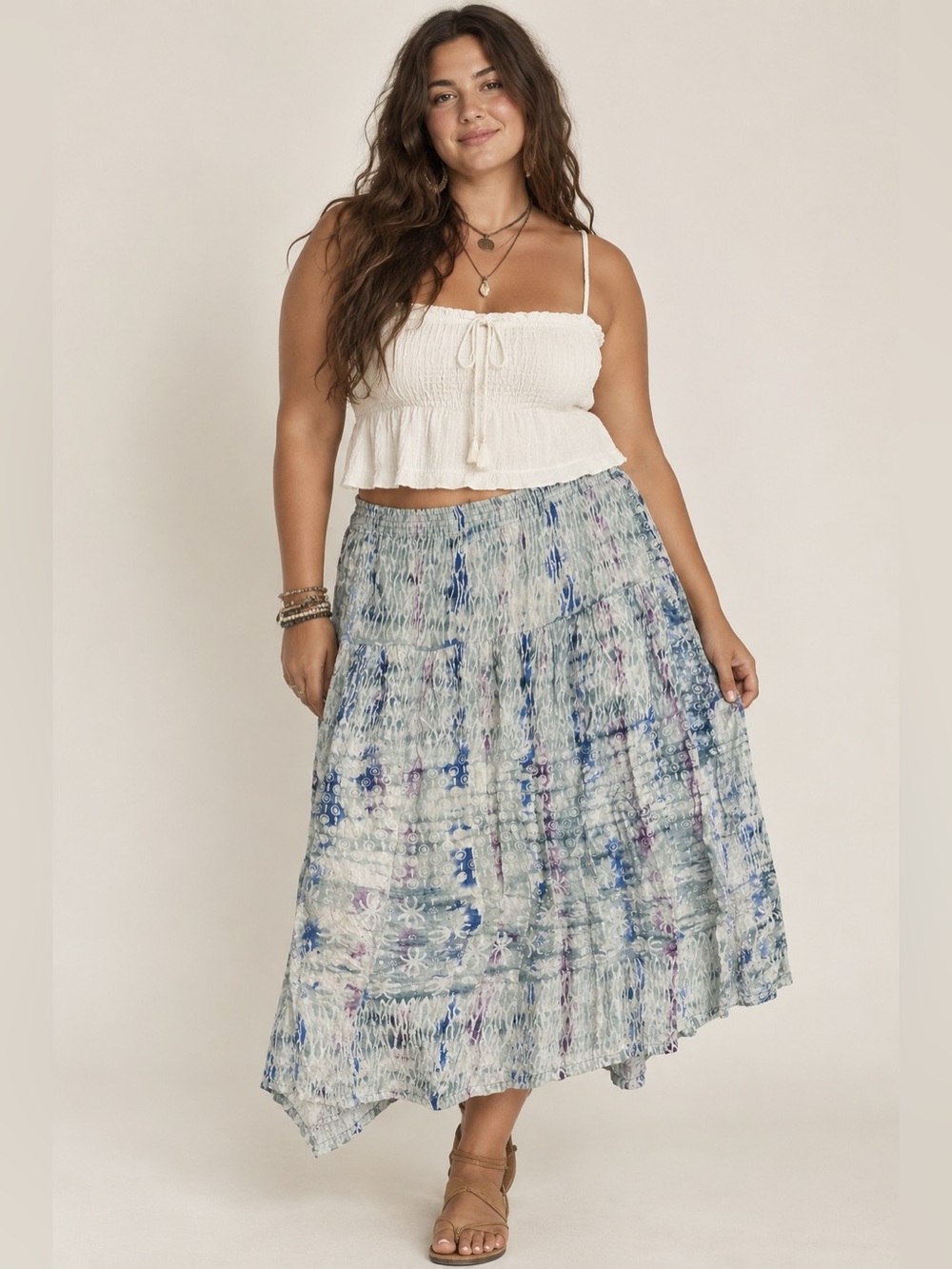 VTG Nomadic Traders Bali Art Tiered Abstract Pull On Midi Skirt L Boho Hippie